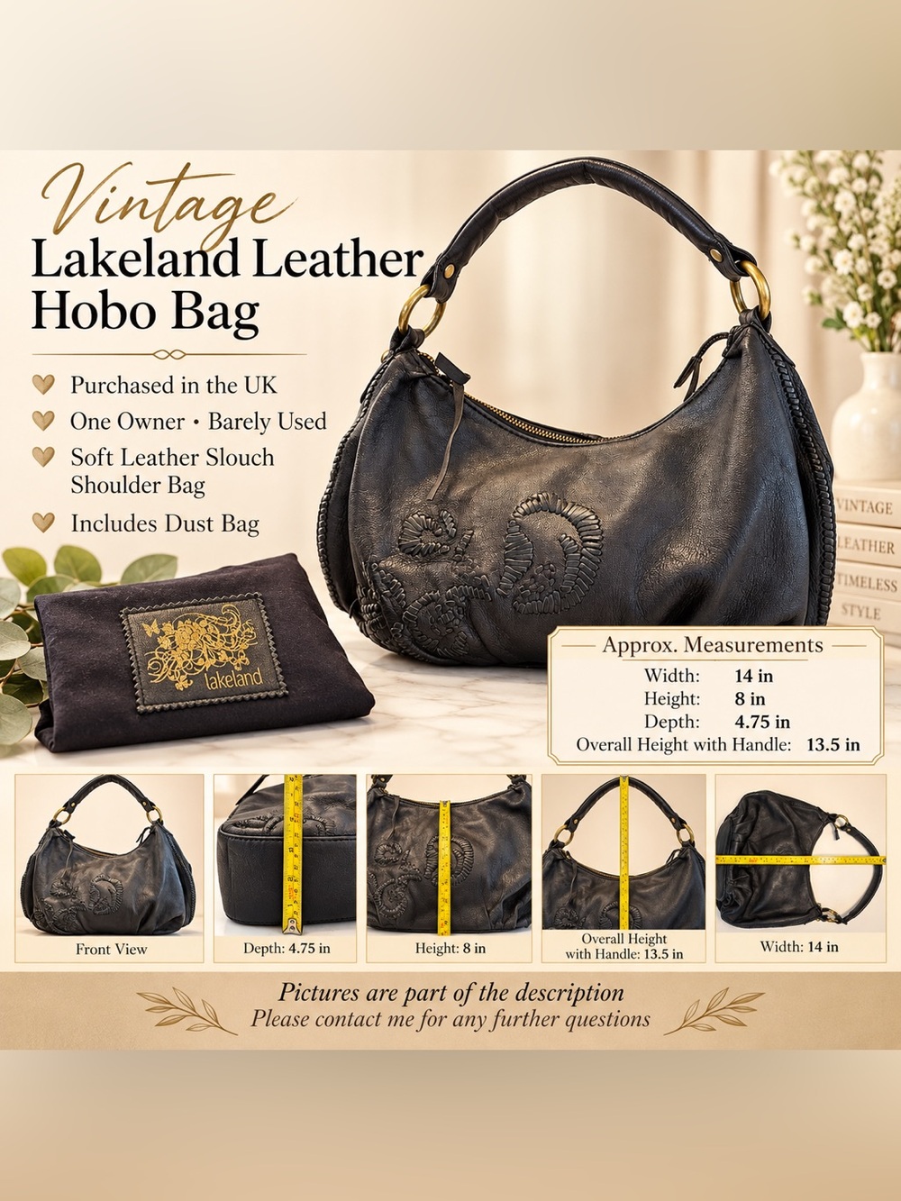 Rare Vintage Lakeland UK Black Leather Hobo Slouch Shoulder Bag + Dust Bag